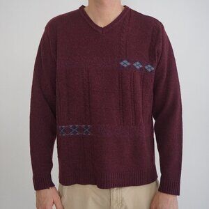 Vintage Arnold Palmer Maroon 30% Wool Eclectic Grandpa Argyle V-Neck Sweater M